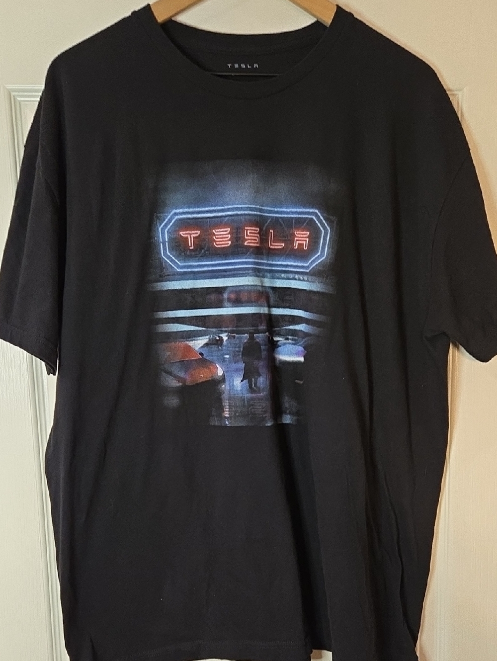Tesla Black Tee with Neon Blue and Red Graphic